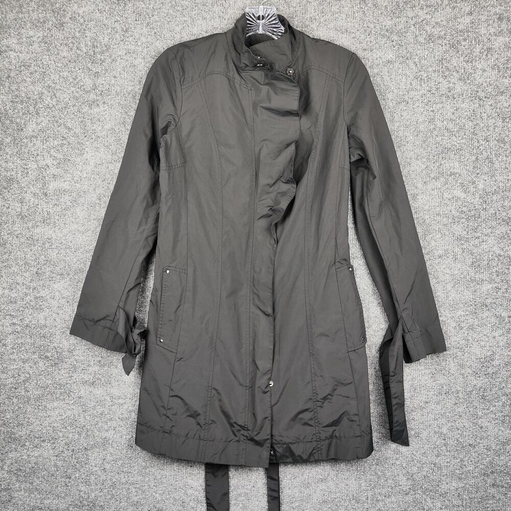 Cole Haan Coat Womens XS Gray Belted Rain Trench Zip Front Pleated Back Lined